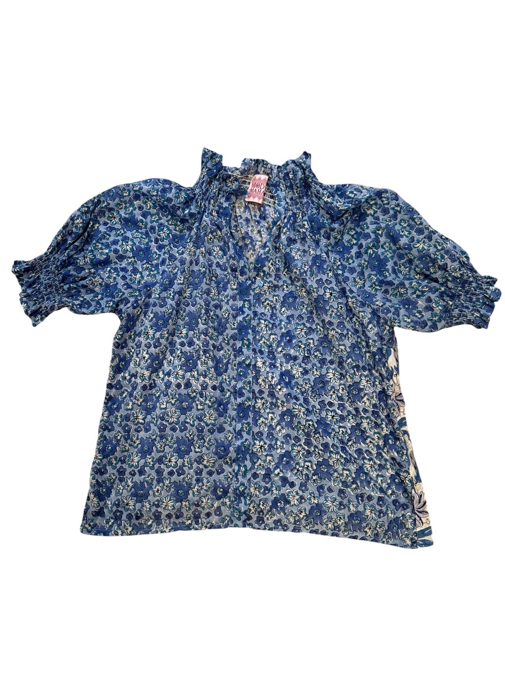Mod’s Mahal Block Print Inspired Blue Floral Smocked Neck Blouse Preppy Casual